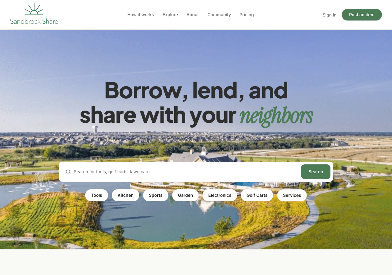 Sandbrook Share — a neighborhood marketplace built by one person.